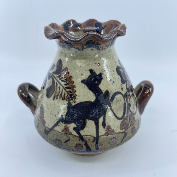 vintage handcrafted tonala ceramic vase with rustic folk art animal & floral des - Picture 1 of 8